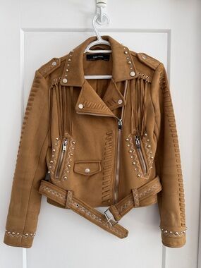 Zara Tan Faux Suede Fringe Studded Moto Jacket